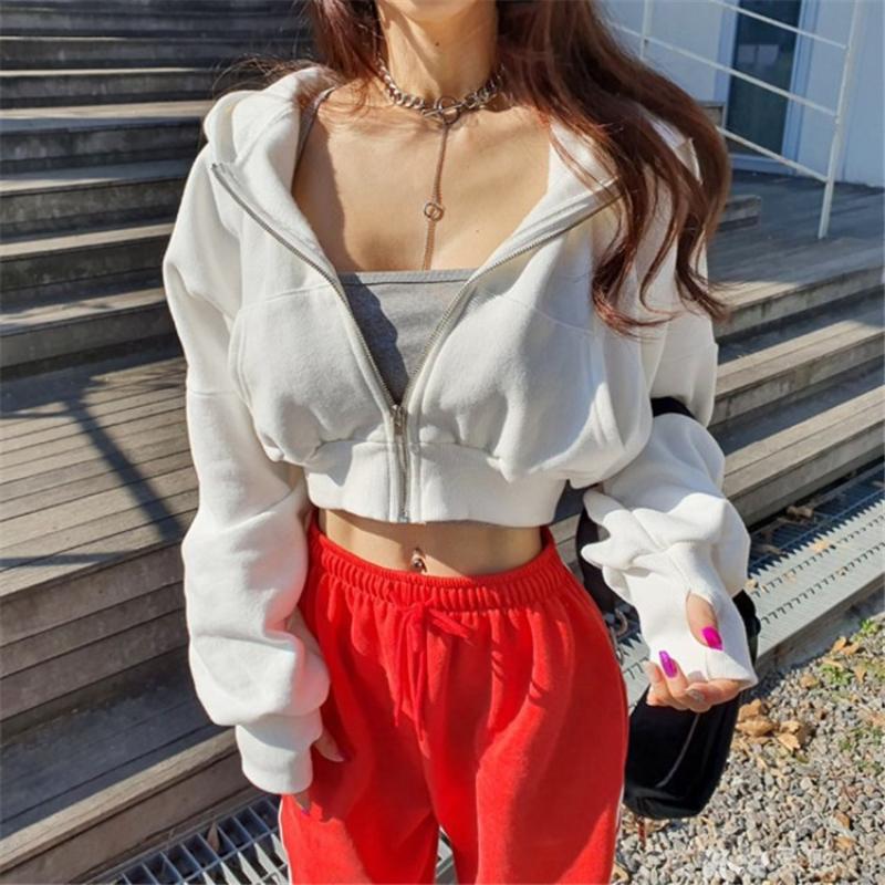 Korejská šik mikina s kapucí na zip Dámská móda Kpop Ležérní Jednobarevné Ustřižené Mikiny s kapucí Tenký top s dlouhým rukávem Y2k Streetwear
