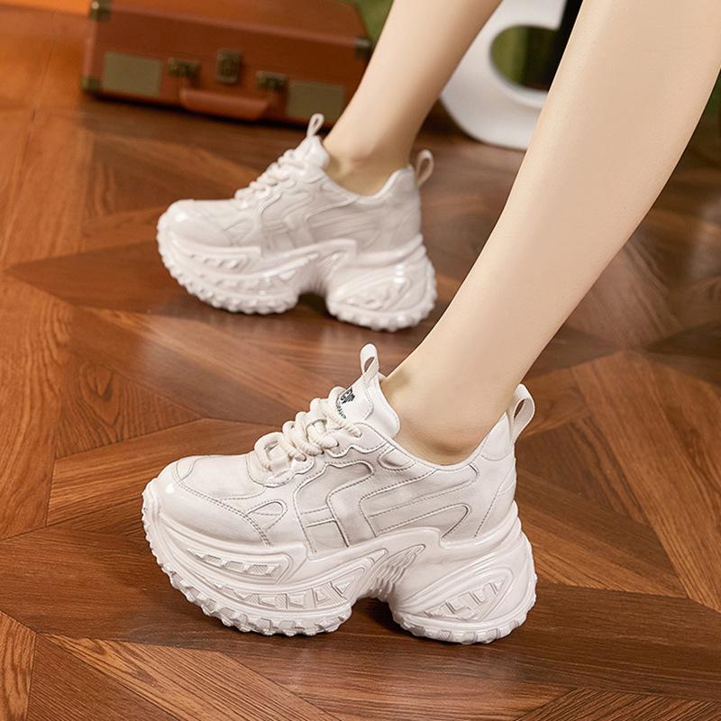 Fashion 10CM Genuine Leather Chunky Sneakers for Women Fashion Sneakers Walking Shoes Platform Heel Sneakers Women Casual Shoes