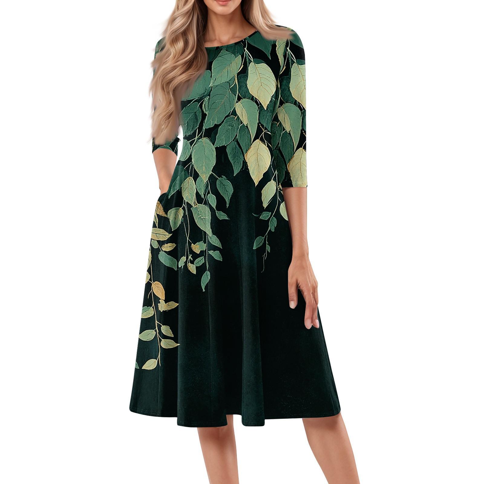 

Женское повседневное модное платье миди с круглым вырезом и рукавом три четверти с цветочным принтом XXXL