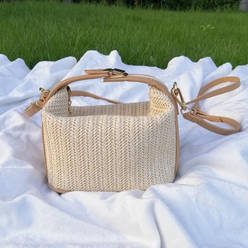 Summer Small Straw Handbag Trendy Shoulder Bag Woven Bucket Crossbody Bag Casual Seaside Beach Bag ARI