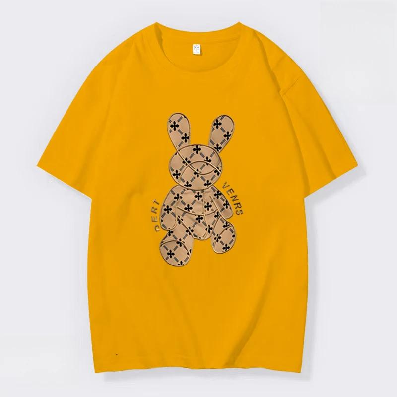 Spring Summer Men's Loose Casual Breathable T-Shirt 100% Cotton Clothing Bear Print Streetwear Women's Crew Neck Top