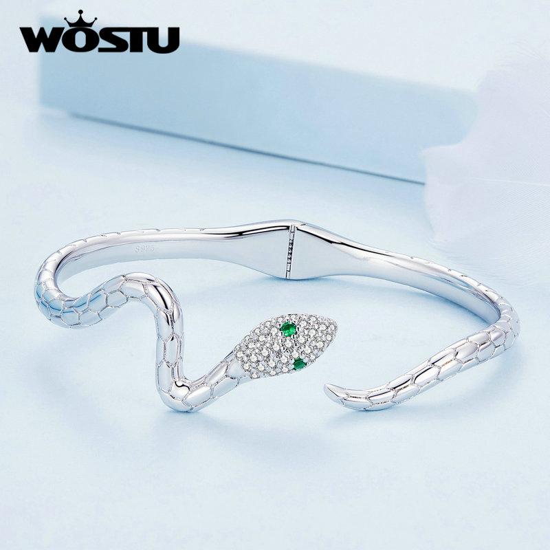 WOSTU Silver Color Classical Snake Open Bangle Bracelets For Women Men Green White Zircon Charm Bracelet Unique Jewelry Gift