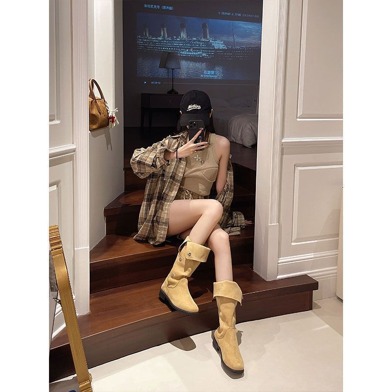 But knee boots 2025 autumn and winter new temperament non-slip boots thin boots wear thick heel solid color foot Martin boots