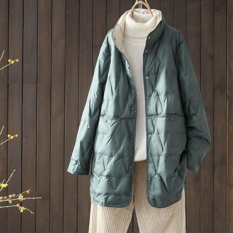 Winter new light down jacket women's medium and long stand-up collar rhombus light down loose large size warm jacket