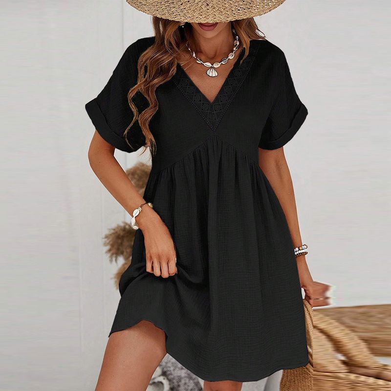 

V Neck Summer New Arrival Half-Sleeved Casual Knee-Length Skirt Lace Black P2 M code fits (55.00 kg-62.50 kg