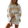 Autumn and Winter Women's Sweater, Women's Rolled Edge Round Neck Striped Color Blocked Knit Sweater