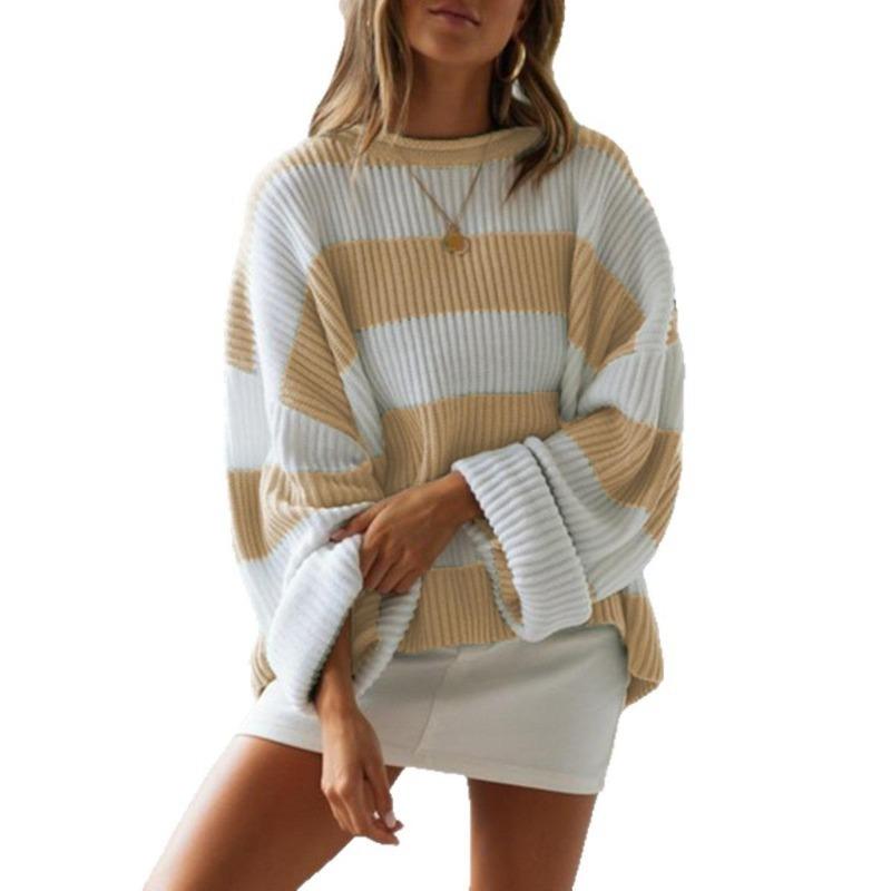 Autumn and Winter Women's Sweater, Women's Rolled Edge Round Neck Striped Color Blocked Knit Sweater