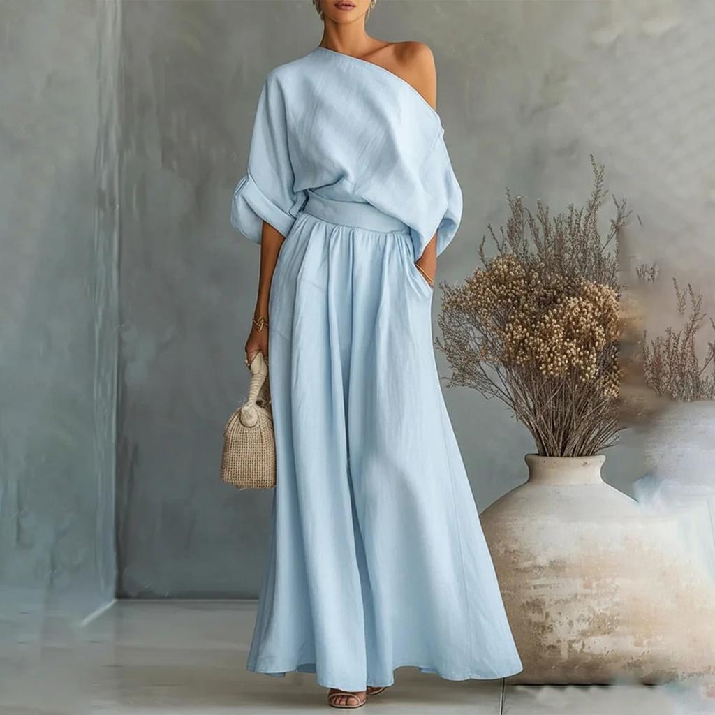 Conjunto de Dos Piezas Elegante para Mujer: Top de Hombros Descubiertos con Cinturón y Pantalones