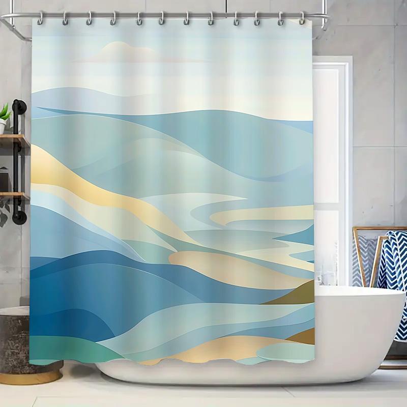 

Water Waves Pattern Bathroom Curtain Modern Decor Blue Beige Green Abstract Fabric Waterproof With Hooks Easy Toinstall Maintain W60H190(CM)-1 Pcs