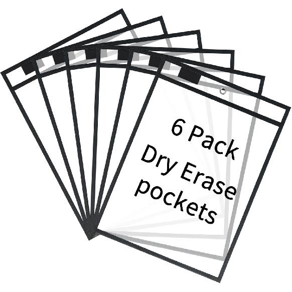 6 Packs Oversized Reble Dry Erase Pocket Sleeves, Black 10x14 Ticket Holders, Clear Plastic Sheet Protectors, Teacher School Classroom Supplies