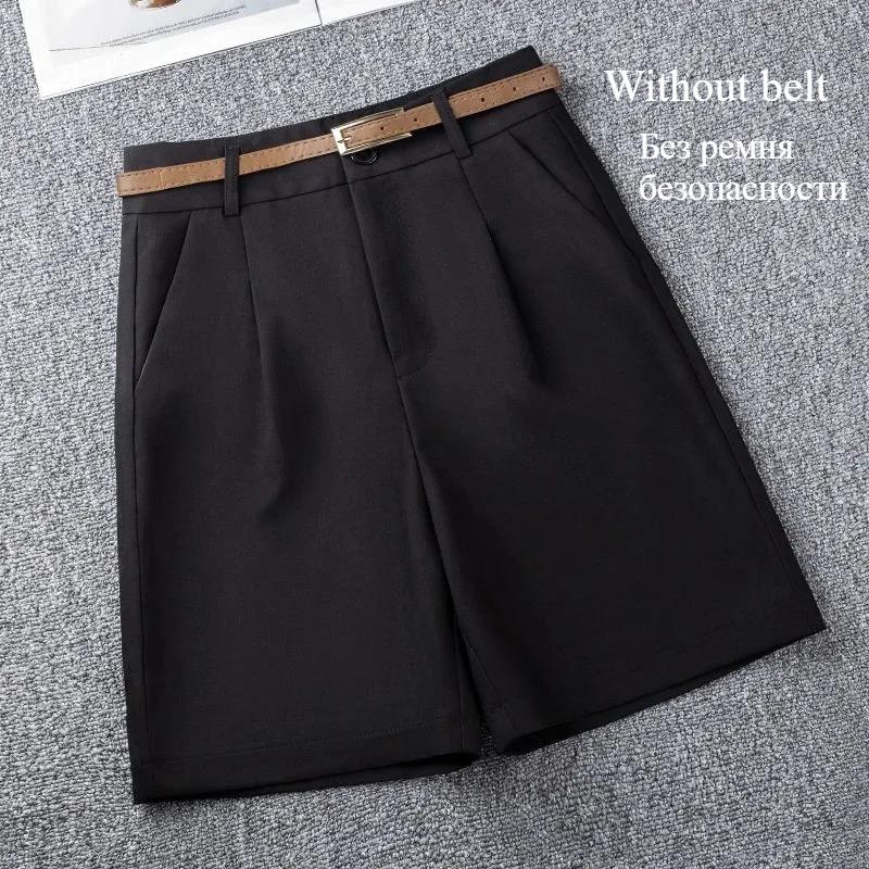 Zonder Riem Khaki Casual Wijde Pijpen Shorts Dames Zomer Effen Losse Knie-Lengte Broek Koreaanse Hoge Taille Pak Shorts Dames