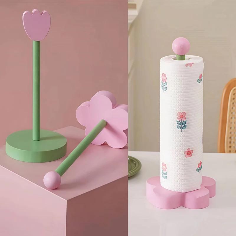 Wooden Tulip Flower Paper Towel Holder Stand Vertical Kitchen Roll Bathroom Tissue Storage Organizer Countertop Desk Decor