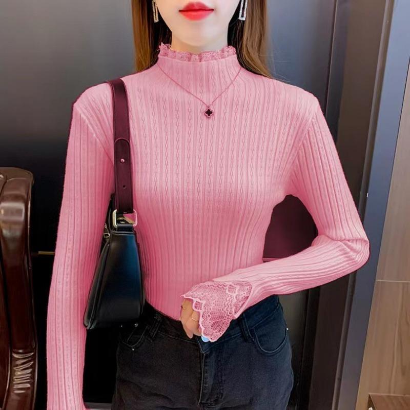 Spring Autumn Semi-turtleneck New Lace Pullover Long Sleeved Sweater Fashion Long Sleeve Women Knitted Bottoming Shirt Elegant Simple Slim Fit Top