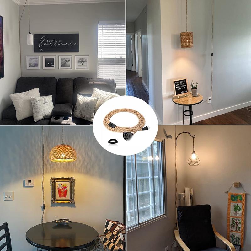Vintage Pendant Lights 4.5m Hemp Rope Suspension Lamp E26 E27 Socket Hanging Light with Switch for Indoor Lighting