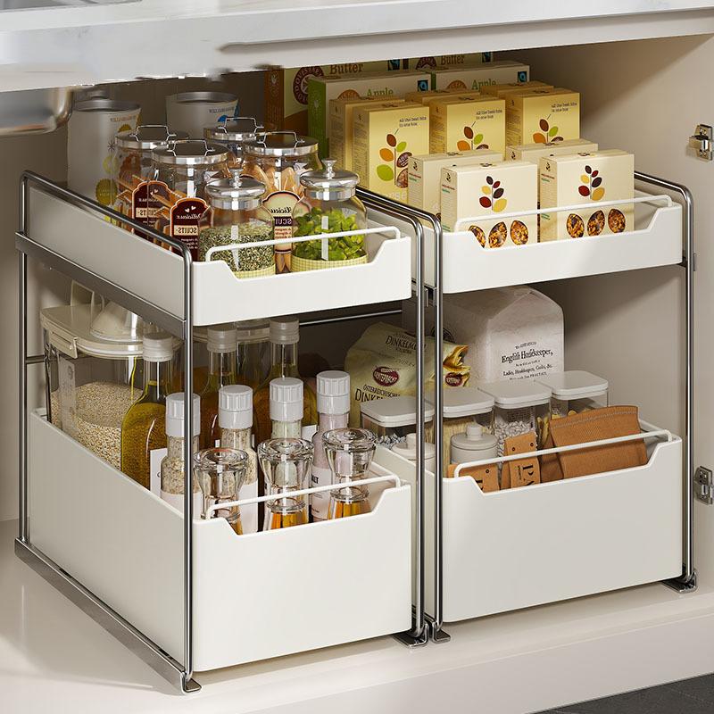 Under Sink 2 Layer Storage Racks Sliding Seasoning Bottle Holder Shelves Kitchen Pull-Out Type Dish Countertop Cabinet Organizer