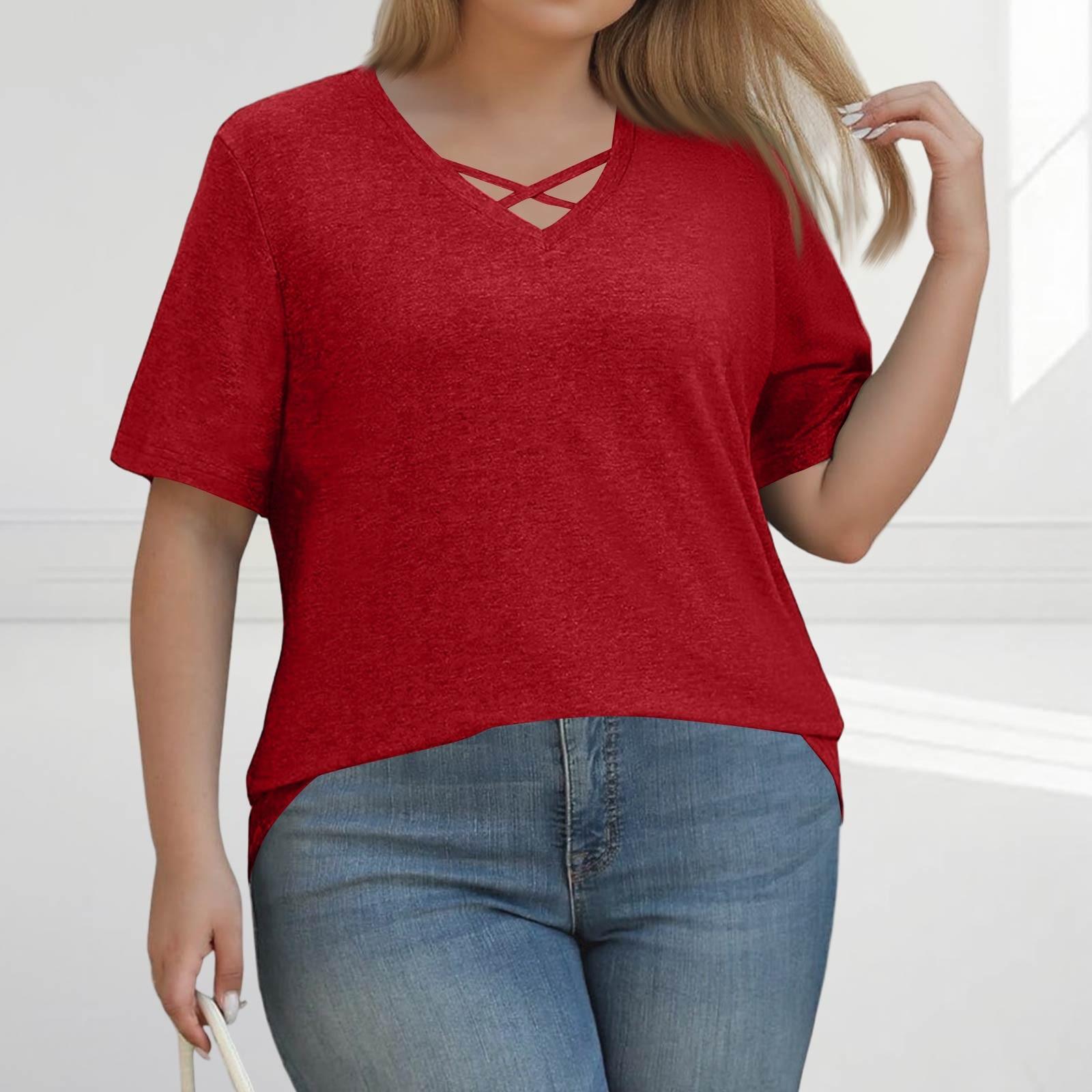 

Женская модная повседневная однотонная футболка с V-образным вырезом и коротким рукавом большого размера XXXXL красный