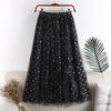 Qooth Polka Dot Midi Skirt Calf Length Tulle Skirt Embroidery Print with Paillette for Summer QT2108