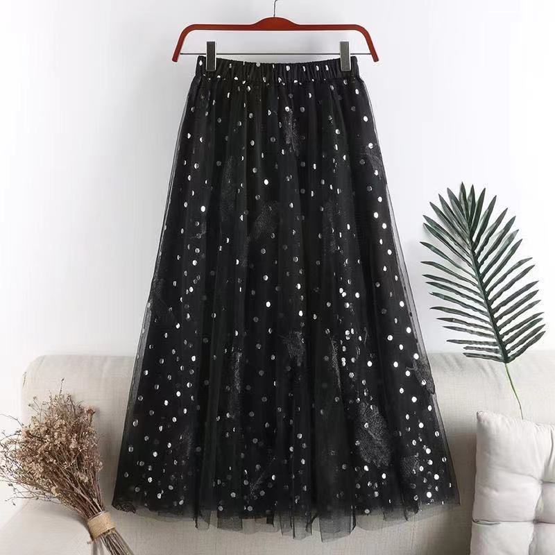 Qooth Polka Dot Midi Skirt Calf Length Tulle Skirt Embroidery Print with Paillette for Summer QT2108