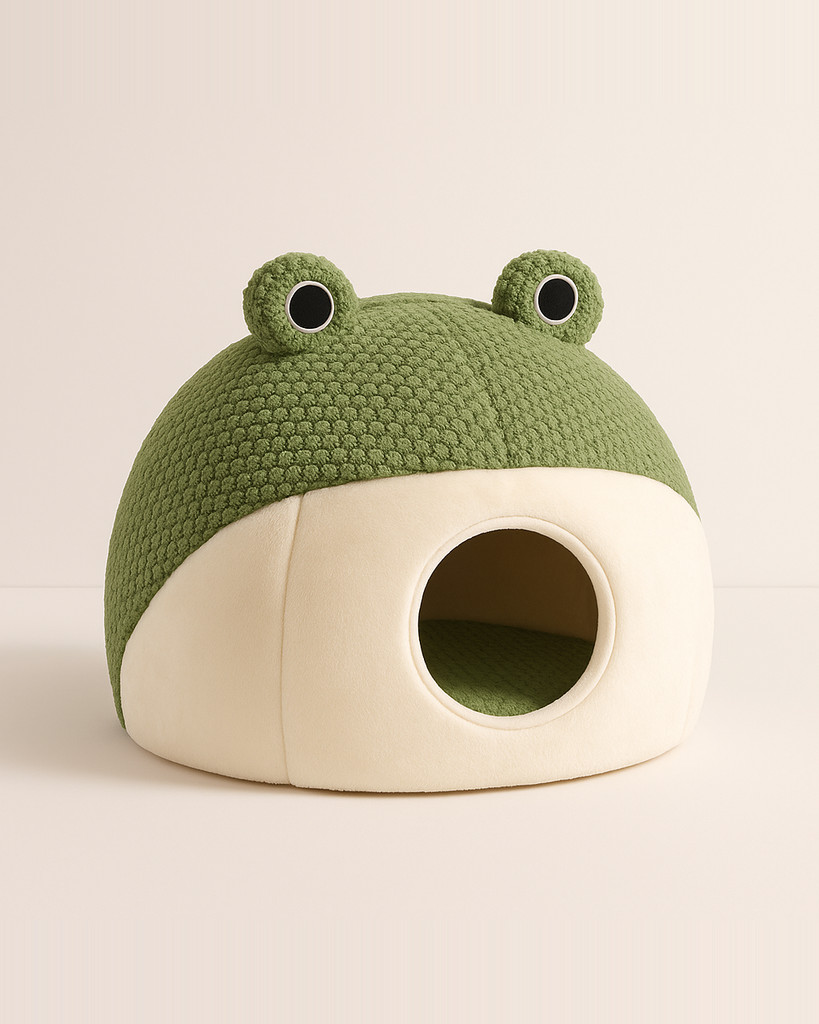 Plüsch warme grüne Katzen- und Hundebetten, Nistkorb, Froschform, Cartoon-Katzenhüttenbetten, Haustierzubehör