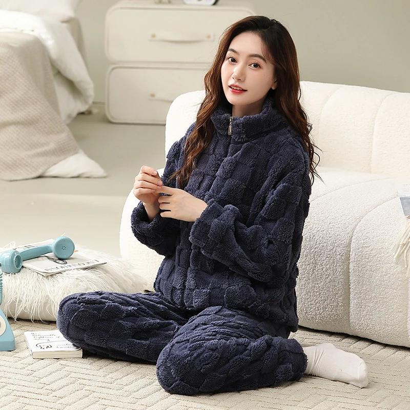 Vinter Tykk Flanell Pyjamas for Kvinner Kvinne Ensfarget Myk Nattøy Varm Velur Cardigan Hjemmeklær Jente Nattøy