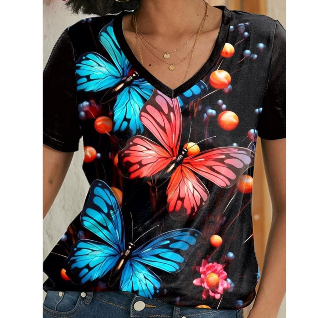 Summer Women's T Shirt Tee 3D Prints Butterfly Graphic Casual Daily Blue Prints Short Sleeve Fashion V Neck Regular Fit Tops