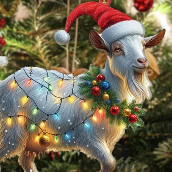 Christmas Ornament Flat 2D Acrylic Lion Wearing Santa Hat Charm Christmas Hanging Ornament with Rope