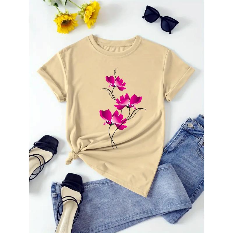 Women's Rose-Red Floral Print Short-Sleeve T-Shirt - Casual Blouse Top Suitable for Spring Summer, Machine Washable Opaque Shirt for Casual Attire,