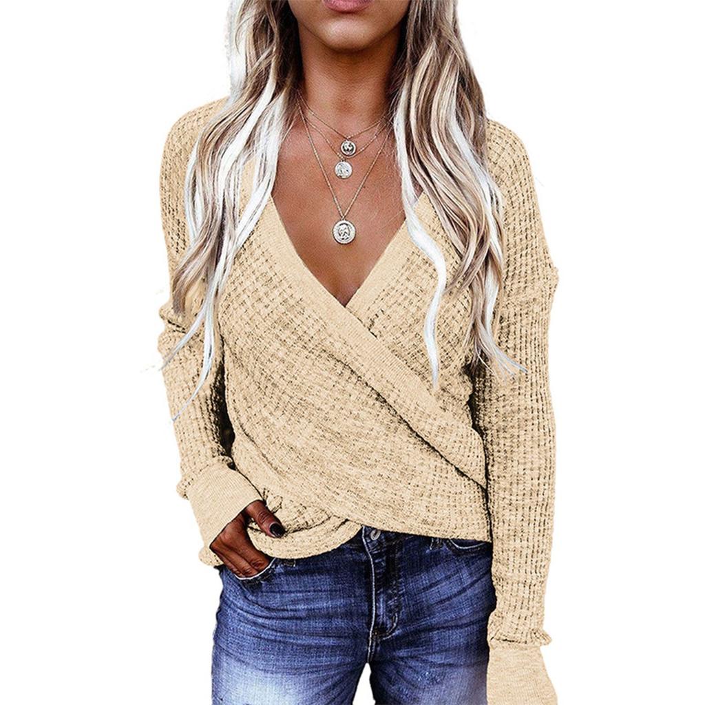 Women's V Neck Wrap Sweaters Long Sleeve Knitted Asymmetric Hem Pullover Solid Color Tops