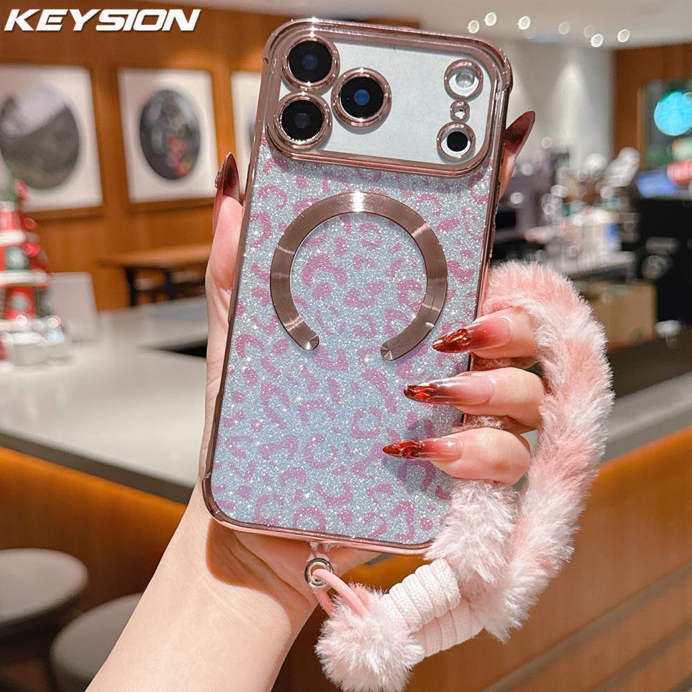 KEYSION Glitter Leopard Print Magnetic Phone Case for iPhone 13 14 15 16 17 Pro Max 17 Air 16 Plus With Plush Lanyard Shockproof Cover