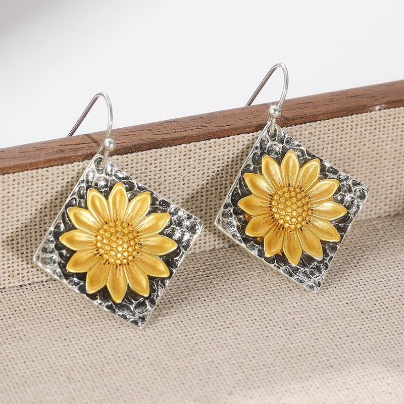 Boucles d'oreilles pendantes couleur cuivre vintage, carrées sculptées, tournesol, pour fête, usage quotidien