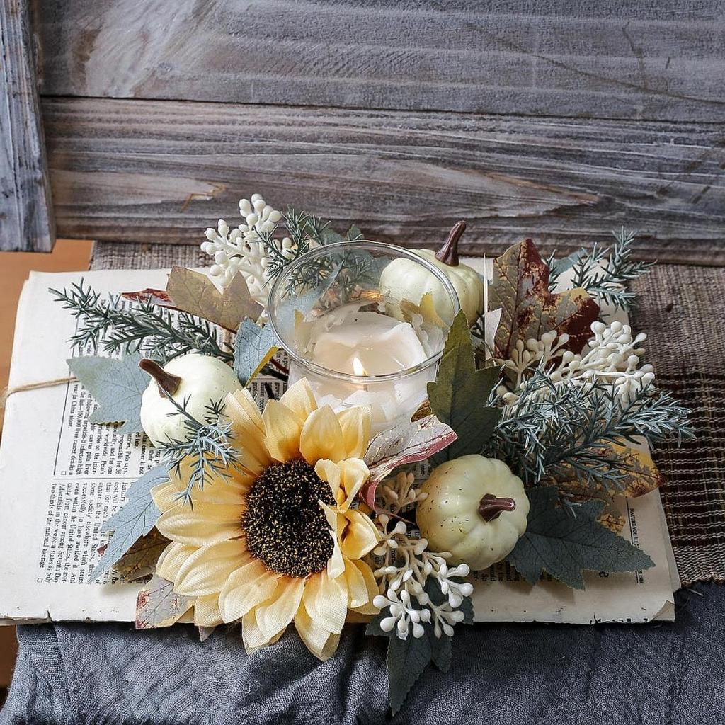 Candle Ring Autumn Garland Thanksgiving Harvest Wreath Artificial Wreath for Dining Room Farmhouse Living Room Party Table