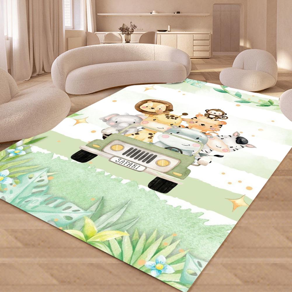 3D Jungle Animals Printed Rugs Cartoon Floral Safari Animals Rug for Bedroom Livingroom Non-slip Carpet Kids Room Area Rug Decor