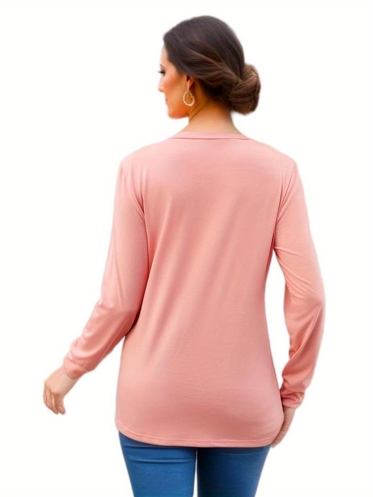 European & American Women's Autumn Ruched V-neck Ruffle Long Sleeve Loose T-shirt