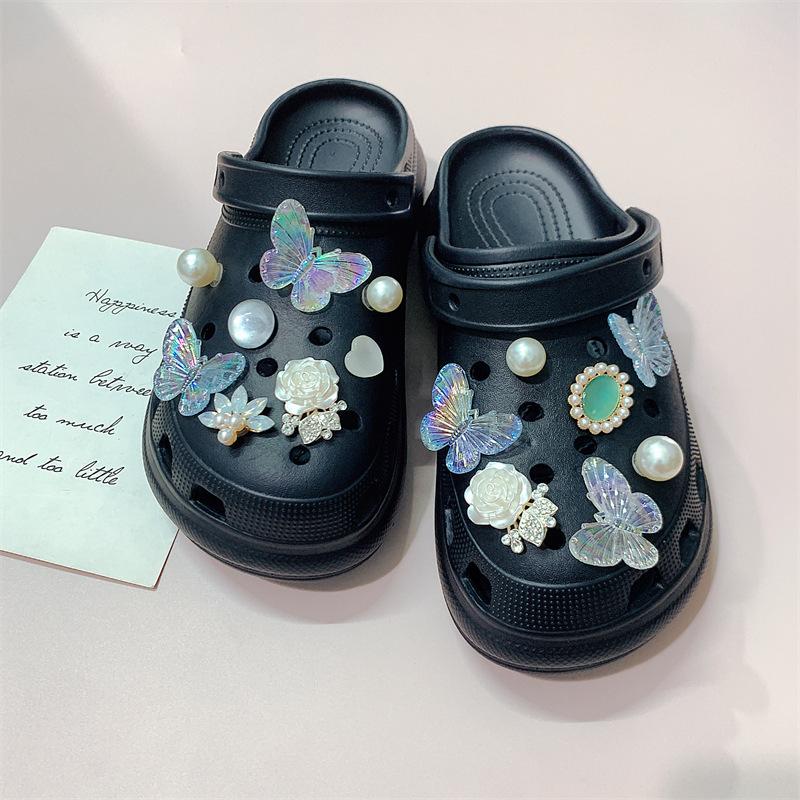 New hole shoes shoe flower fashion rhinestone pearl white blue butterfly set DIY accessories shoe buckle