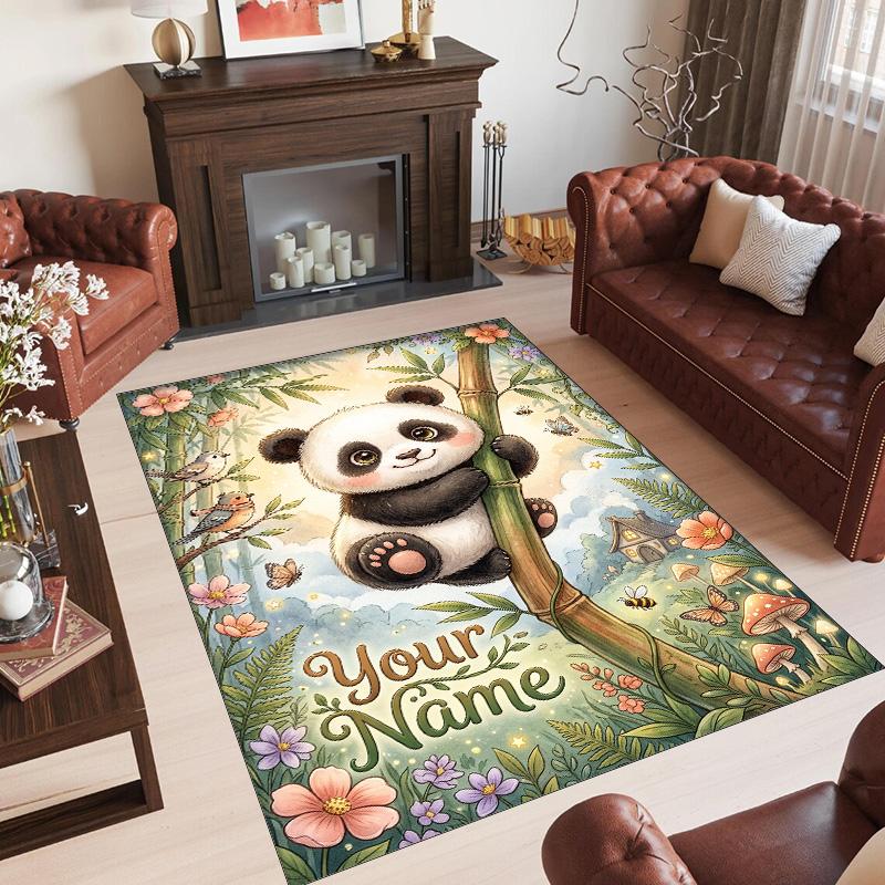 Panda Theme Crystal Velvet Rug Personalized Custom Name Text Soft Floor Mat Home Decor