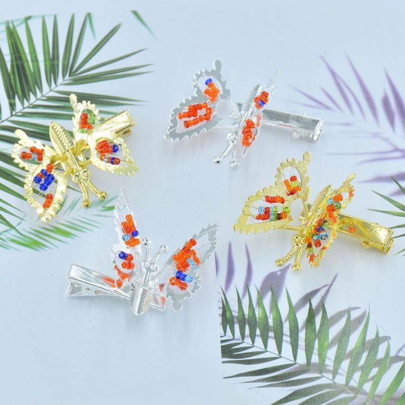 2Pcs Fashion Metal Colors Beads Hollow Butterfly Hairpins For Women Girls Hair Ornament Clip Barrette Hair Accessories