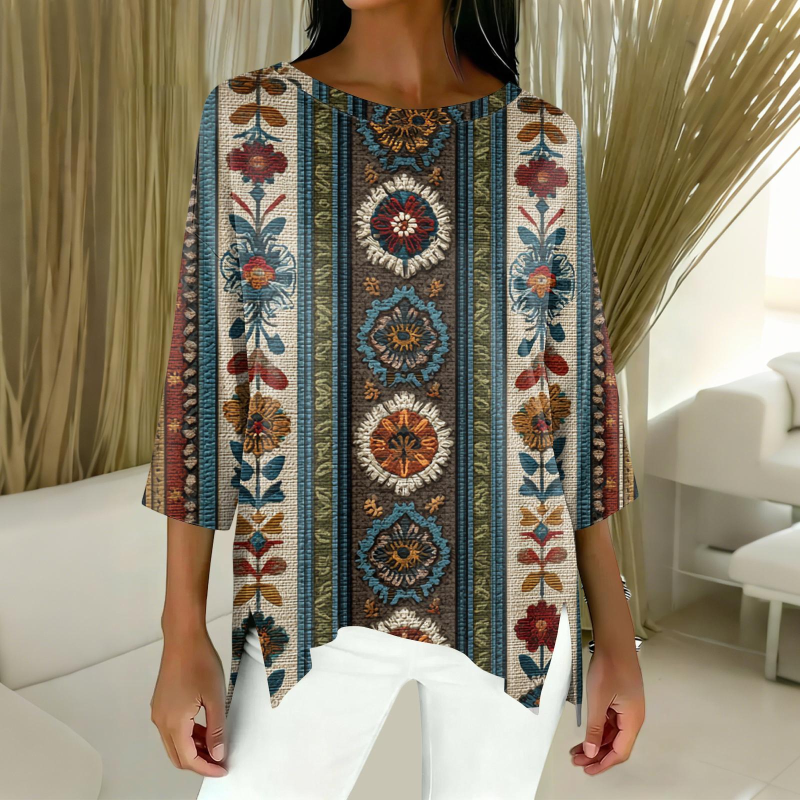 Women s Fashion Vintage Print Three-Quarter Sleeve Blouse XL