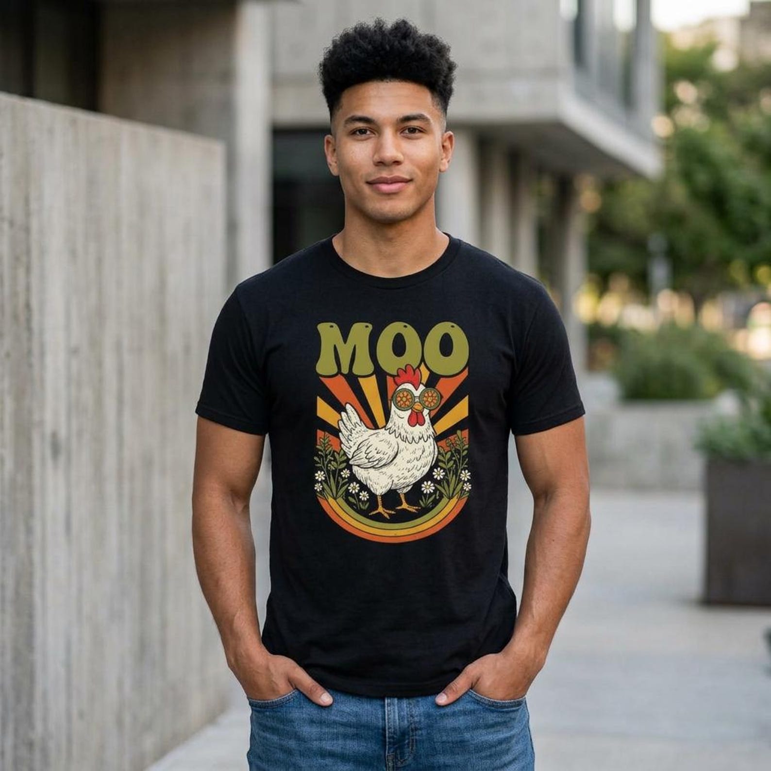 Funny Moo Chicken Vintage T-Shirt; Quirky Cow Sound Poultry Graphic Tee; Playful Farm Animal Humor Top 3XL