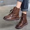 Short Boots Soft Leather Women's Round Head Lace-up High-top Boots Autumn and Winter Versatile Martin Boots Single Boots Women's Cotton Boots