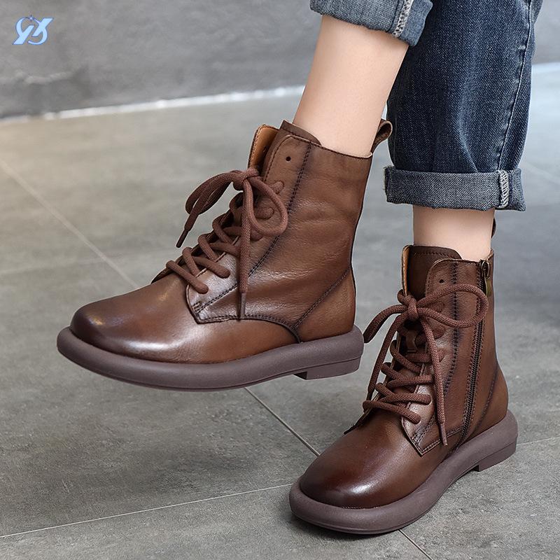 Short Boots Soft Leather Women's Round Head Lace-up High-top Boots Autumn and Winter Versatile Martin Boots Single Boots Women's Cotton Boots