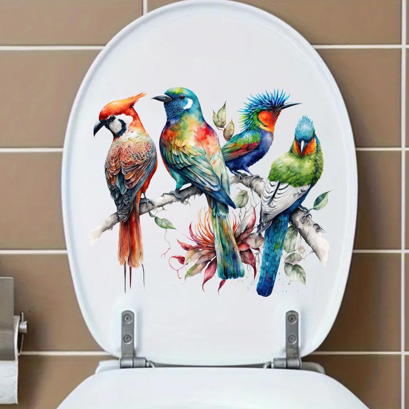 Self-adhesive Hand-painted Bird on Branch Toilet Stickers Waterproof for Bathroom Wall Decor
