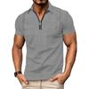 Men Light Blue Textured Grid Polo Shirt Half-Zip Neck with Decorative Buttons Casual Short Sleeve Top