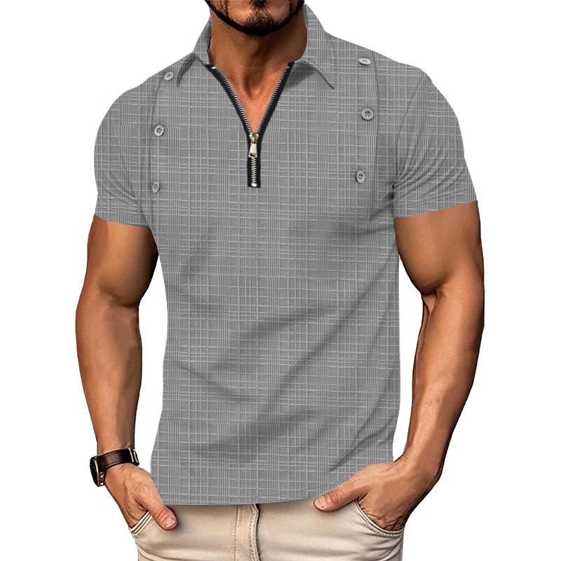 Men Light Blue Textured Grid Polo Shirt Half-Zip Neck with Decorative Buttons Casual Short Sleeve Top S серый