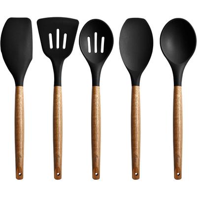Non-Stick Silicone Cooking Utensils Set, 5 Pcs With Wooden Handle, Heat Resistant Silicone Kitchen Gadgets (Black, 5)