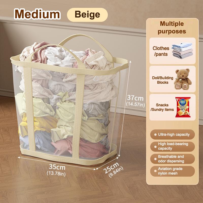 Nylon Mesh Laundry Basket With Handle Breathable Folding Portable Dirty Clothes Organizer Bags Large Capacity Toys Storage Bag
