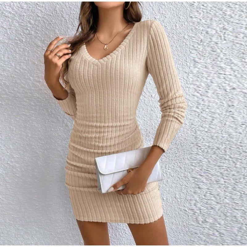 Women's Dresses Autumn Fitting Slim Plain Long Sleeve V-Neck Bodysuit Mini Casual Dresses Sexy Dress for Women