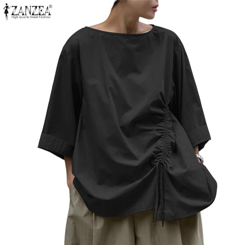 ZANZEA Damen Lässiges Rundhals 3/4-Ärmel Lockere Bluse mit Kordelzug