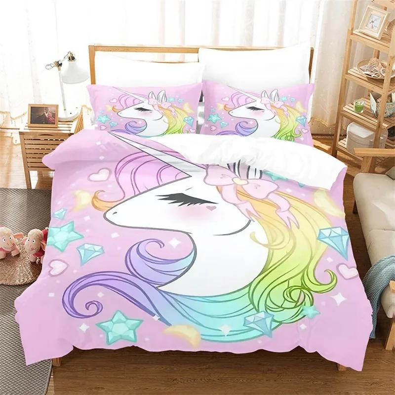 Comforter Girls Unicorn Full King Queen Size Microfiber Eyelashes Floral Comforter 3D Cartoon Bedding Set For Kids Teen