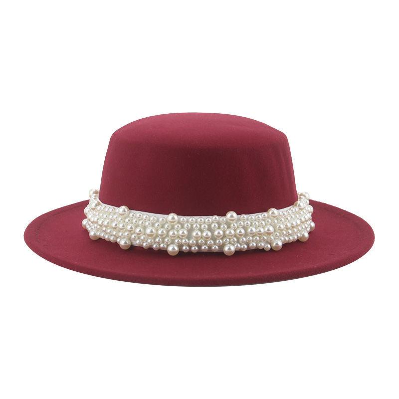 Top Hat Short Brim Hepburn Style British Style Small Round Tibetan High-end Jazz Hat Versatile Flat Top Felt Hat Pearl Premium New