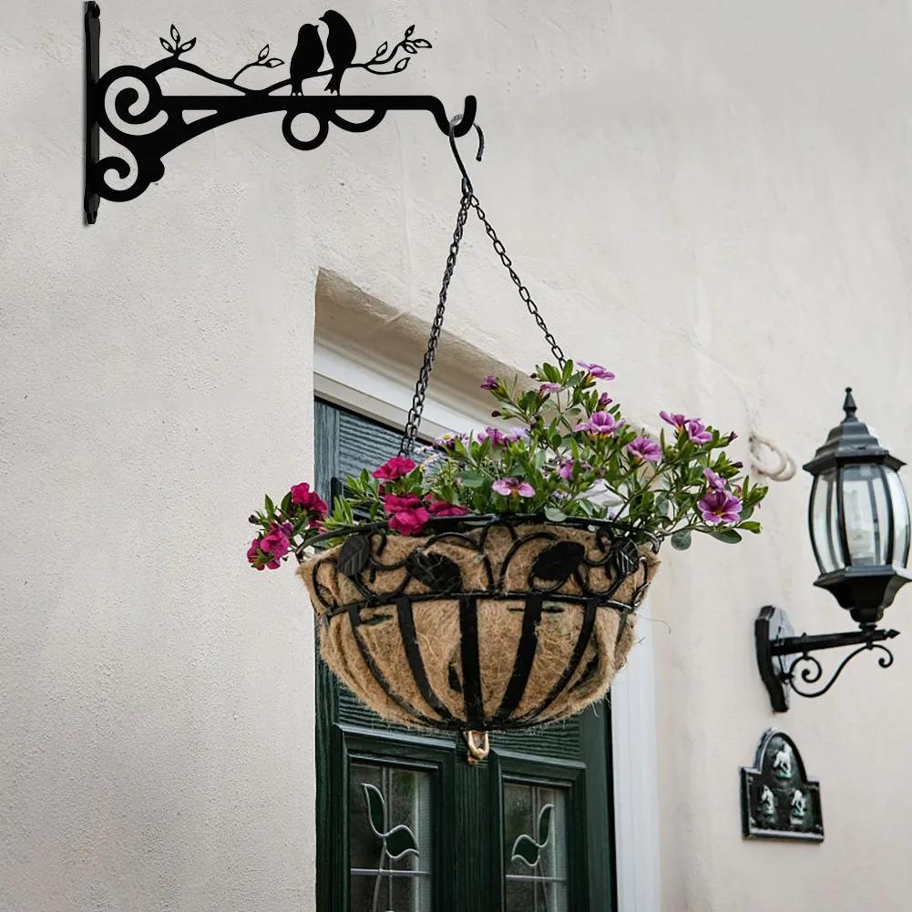 Bird Pattern Flower Basket Holder Wall Mounted Metal Bracket Hanger Rustic Style Wide Base for Outdoor Indoor Garden Yard Street